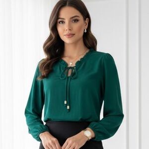 Nicole by Nicole Miller Teal Blouse with Ruffle Neck